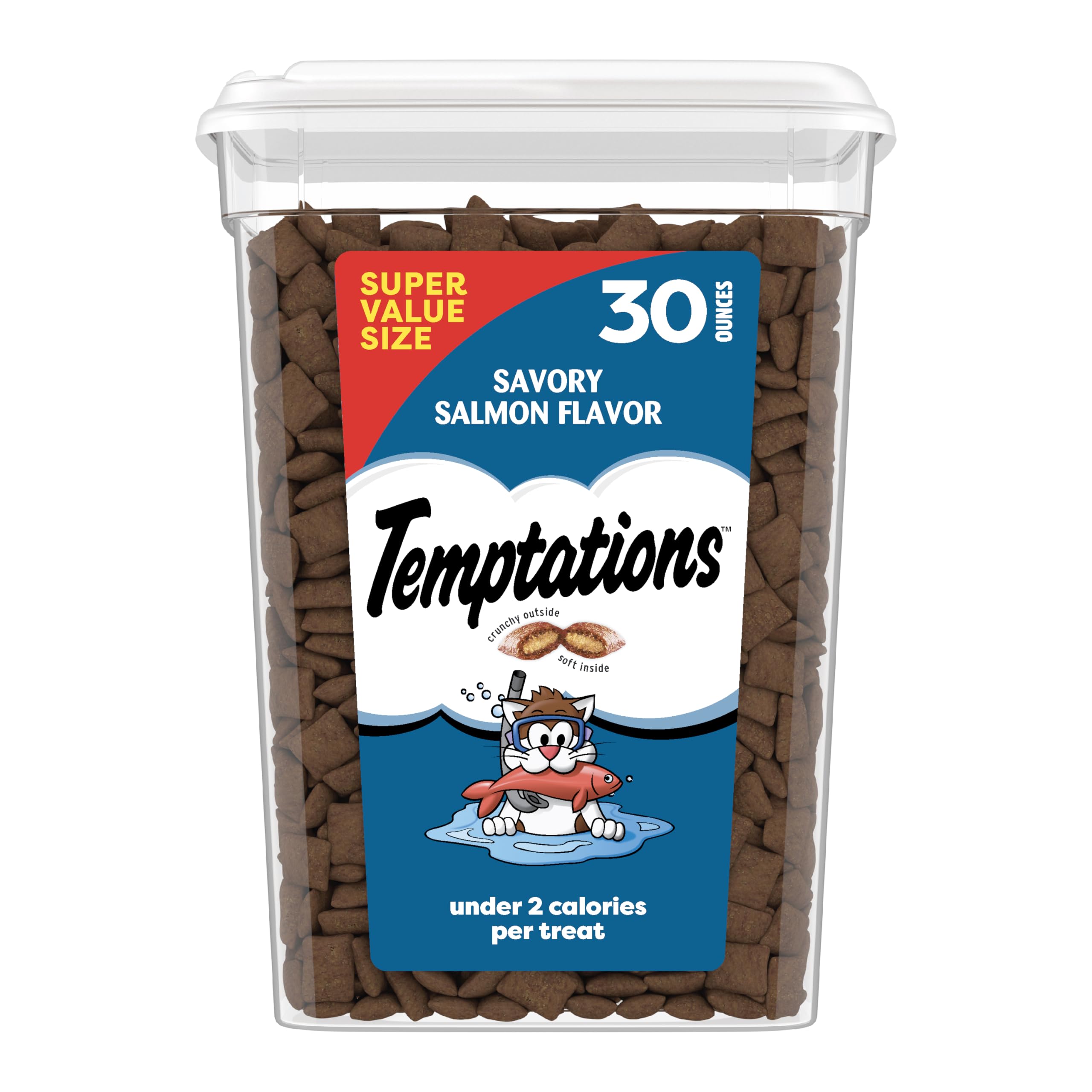 Temptations crujiente y suave con salmón para gatos, textura atractiva.
