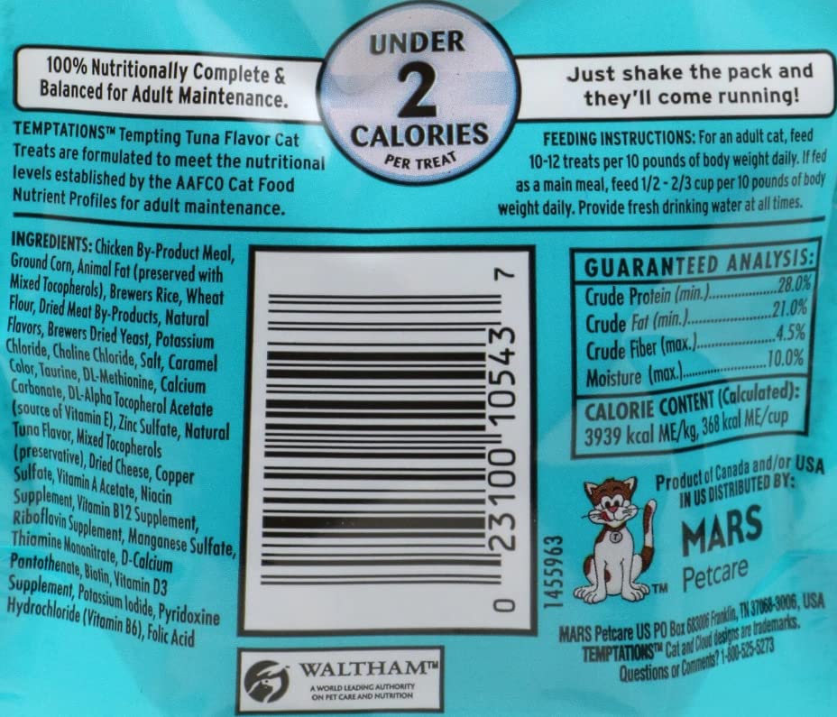 Temptations Tempting Tuna close-up, crunchy outside and creamy center for cat snack appeal.