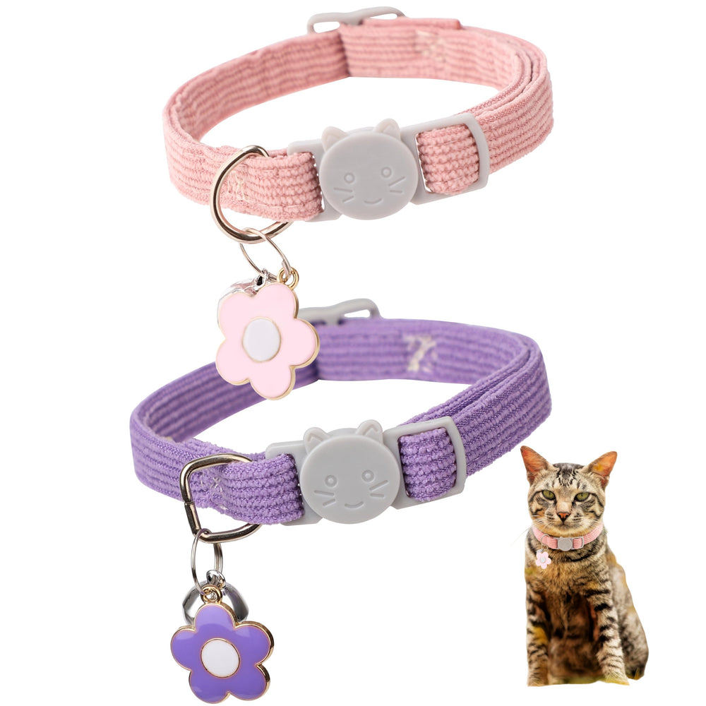 TENICER cat collar with bells, purple-pink front view, soft corduroy for comfortable daily wear.