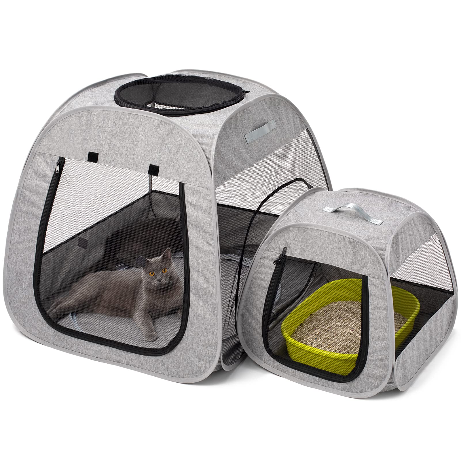 Tenrai portable cat playpen trapezoid design keeps pets secure during outdoor play.
