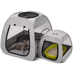 Tenrai portable cat playpen trapezoid design keeps pets secure during outdoor play.