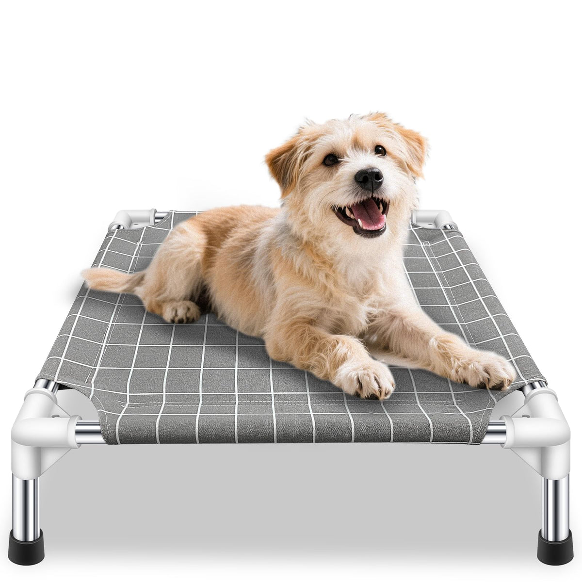 Cama elevada TensorSine para perros, vista frontal, descanso más cómodo al aire libre.