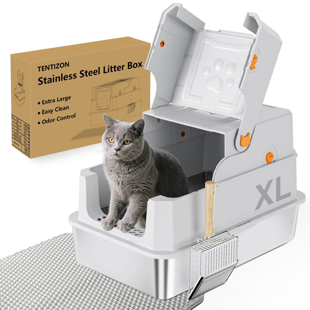 Tentizon stainless steel cat litter box with lid, showing secure top for privacy and easy maintenance.