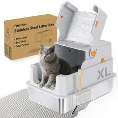 Tentizon stainless steel cat litter box with lid, showing secure top for privacy and easy maintenance.