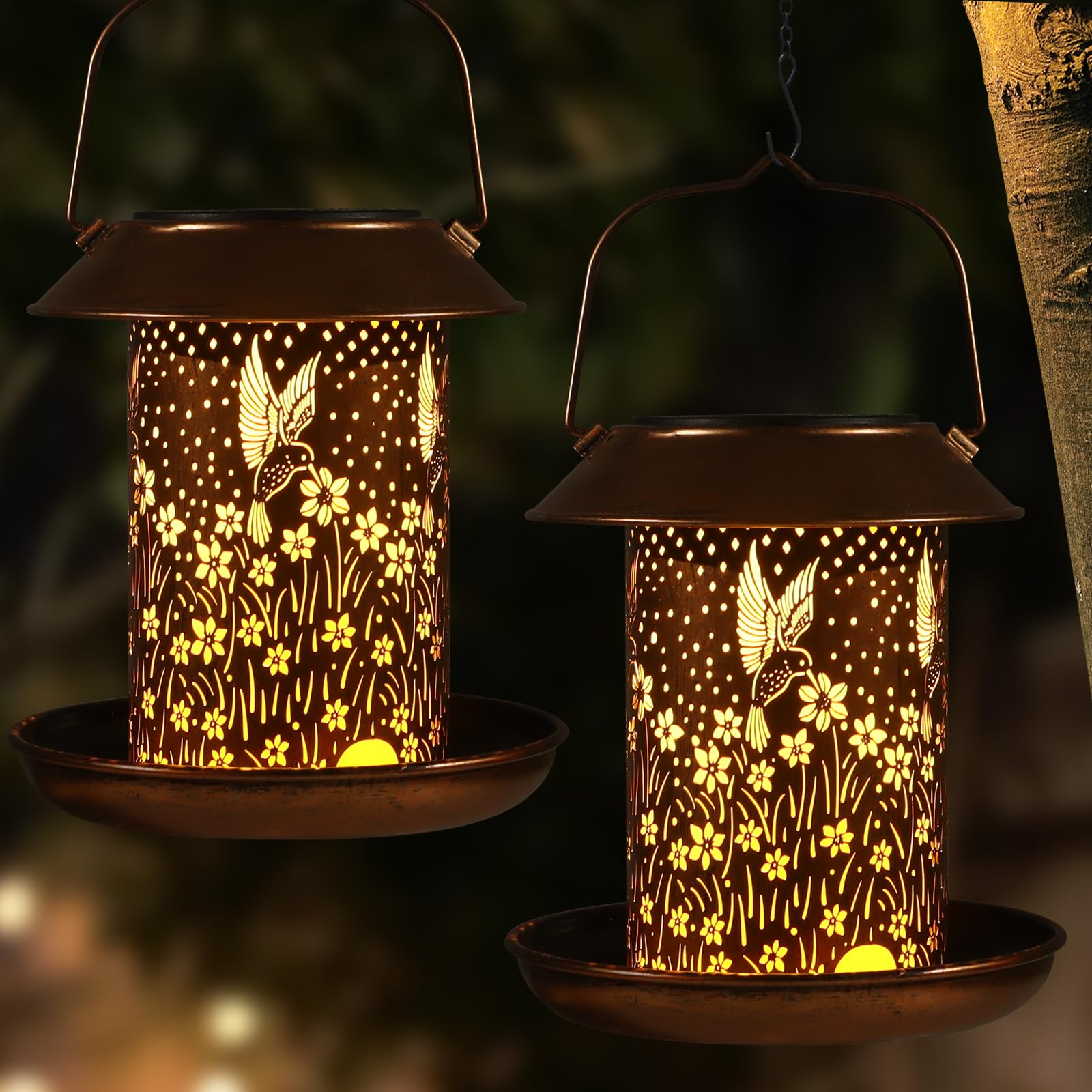 Tepaken bird feeder solar-lantern hummingbird pattern lights up the garden at night.