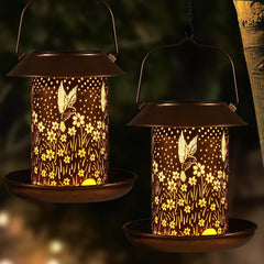 Tepaken bird feeder solar-lantern hummingbird pattern lights up the garden at night.