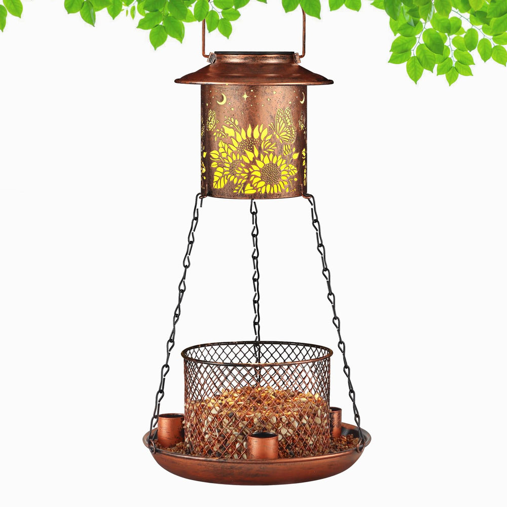 Tepaken Butterfly Solar Bird Feeder hanging lantern design attracts birds at dusk.