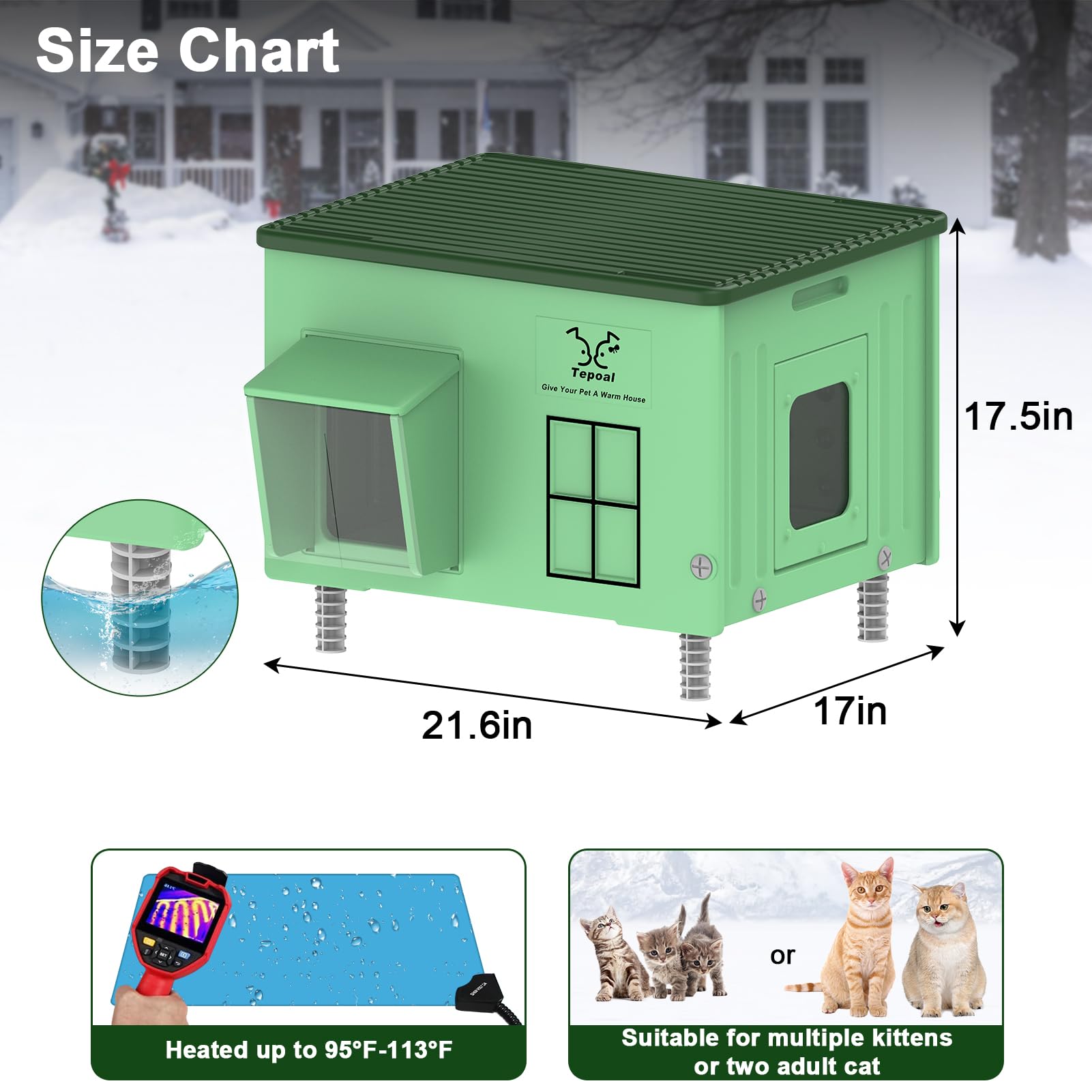 Tepoal heated cat house shows waterproof awning against rain.