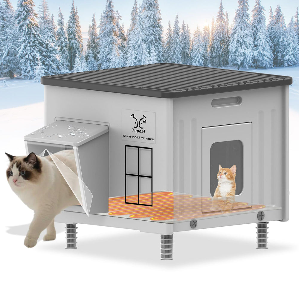 Tepoal heated cat house exterior shows outdoor cats staying warm in winter