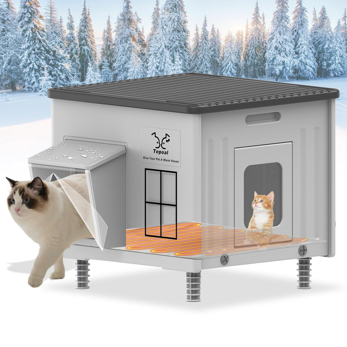 Tepoal heated cat house exterior shows outdoor cats staying warm in winter