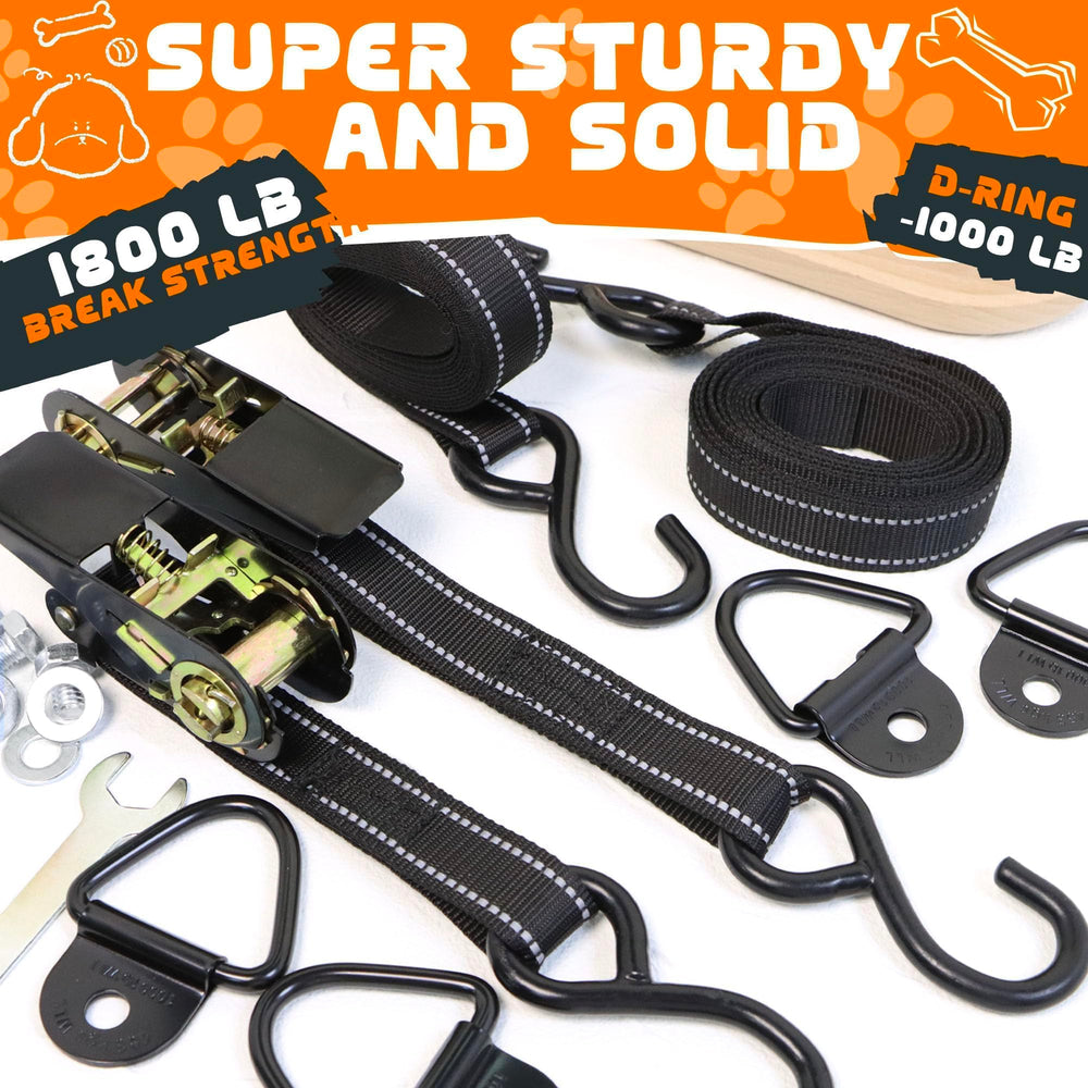 Terixe tie-down kit in-use securing kennel during transport.