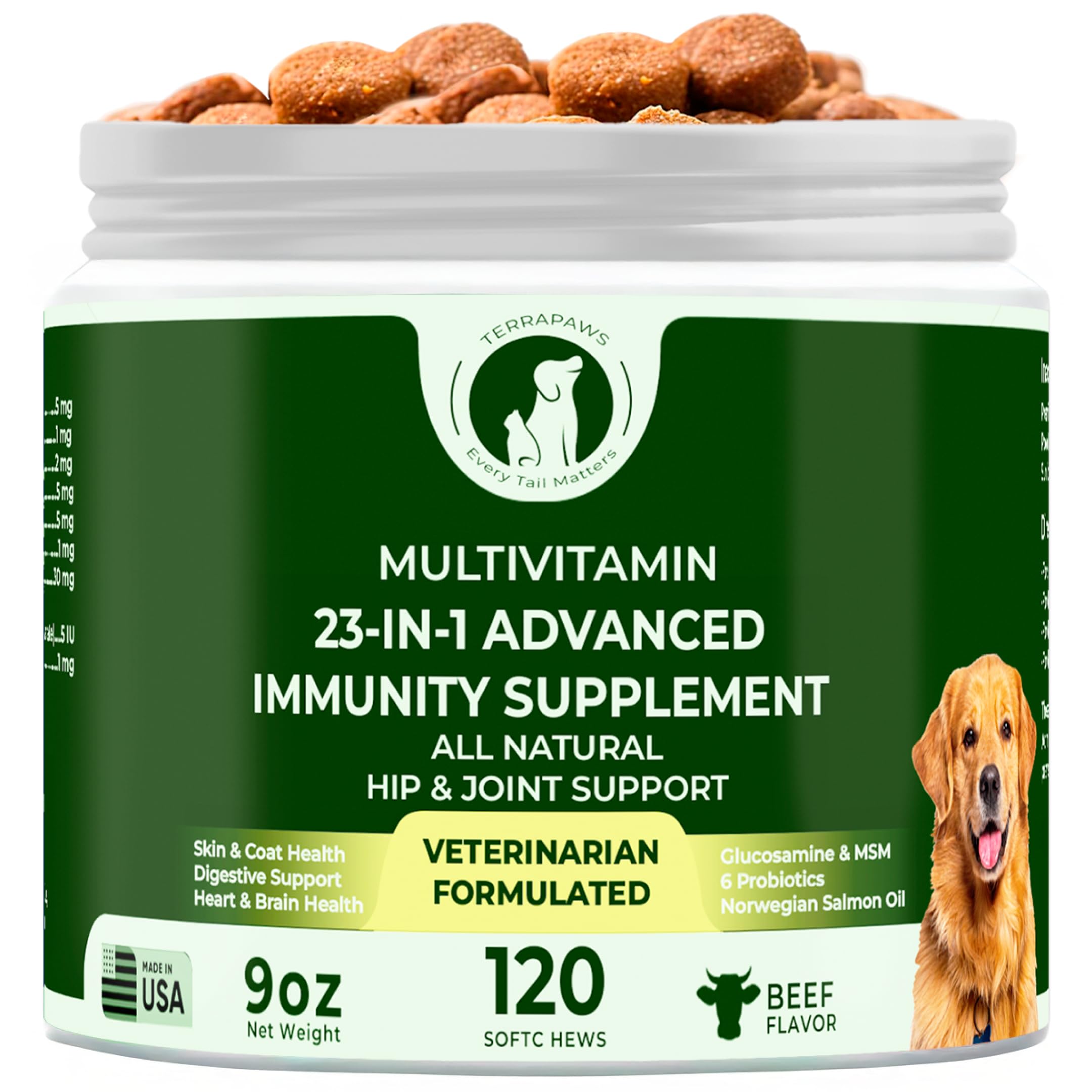 TERRAPAWS 23in1 multivitamin bottle supports daily dog wellness.