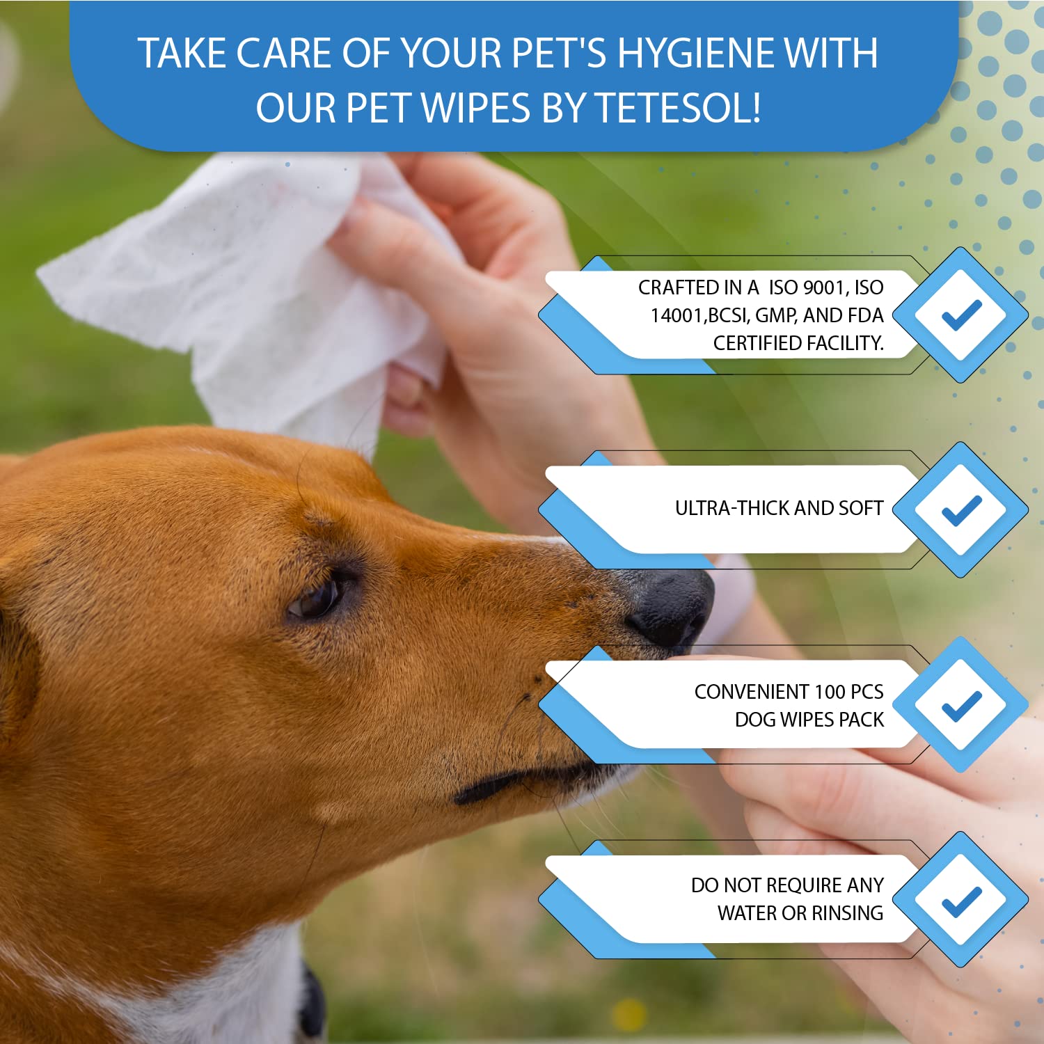 Tetesol dog wipes nose wipe demonstrates gentle cleansing for noses after outdoors