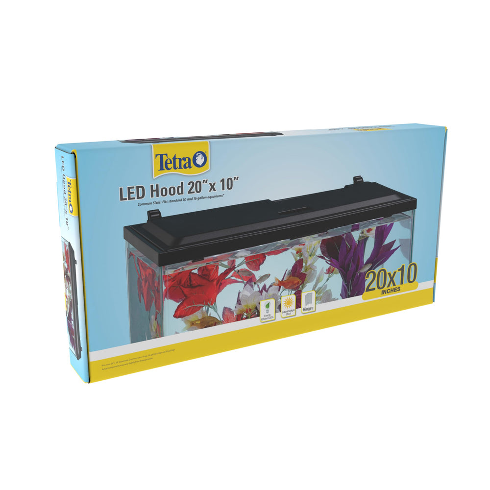 Tetra LED Hood hinged lid shown open for easy feeding and maintenance.