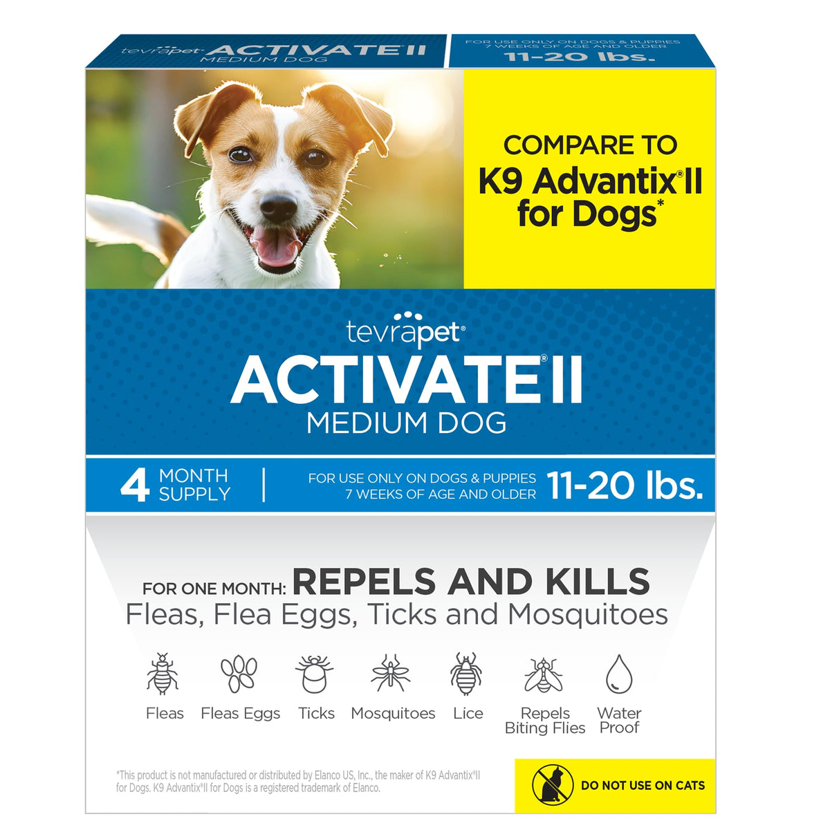 TevraPet Activate II bottle shows monthly flea and tick protection for dogs.