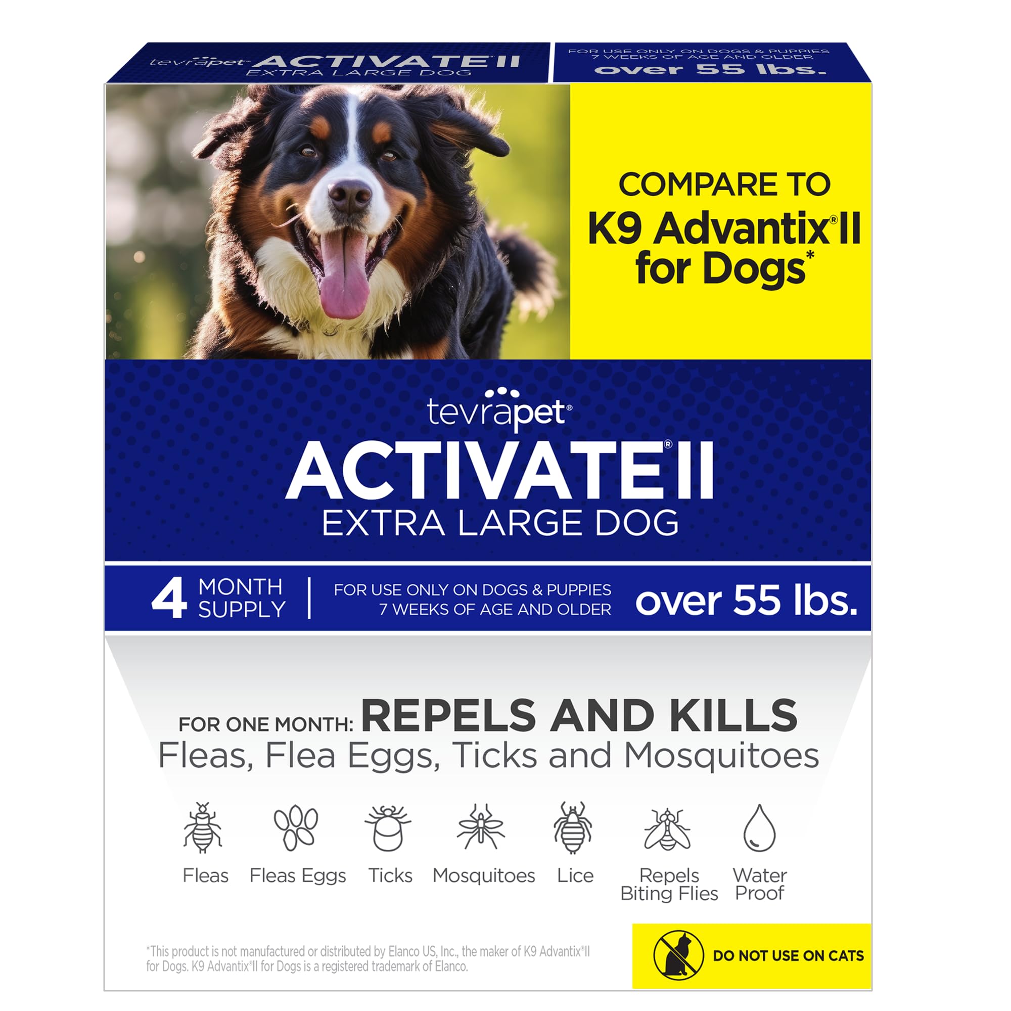 TevraPet Activate II packfront shows easy monthly flea and tick protection for dogs.