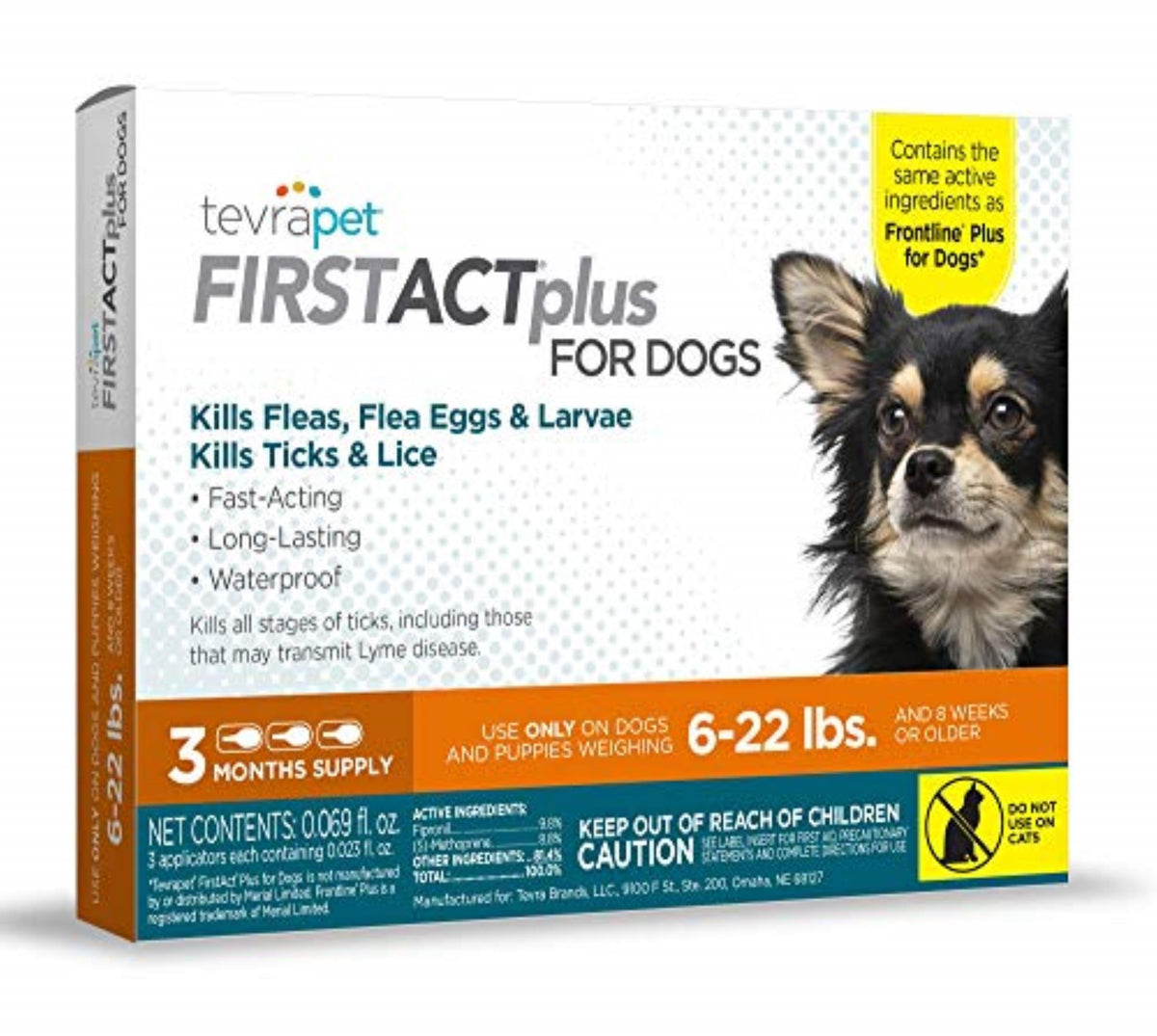 TevraPet FirstAct Plus three-doses pack demonstrates monthly flea and tick protection for dogs.