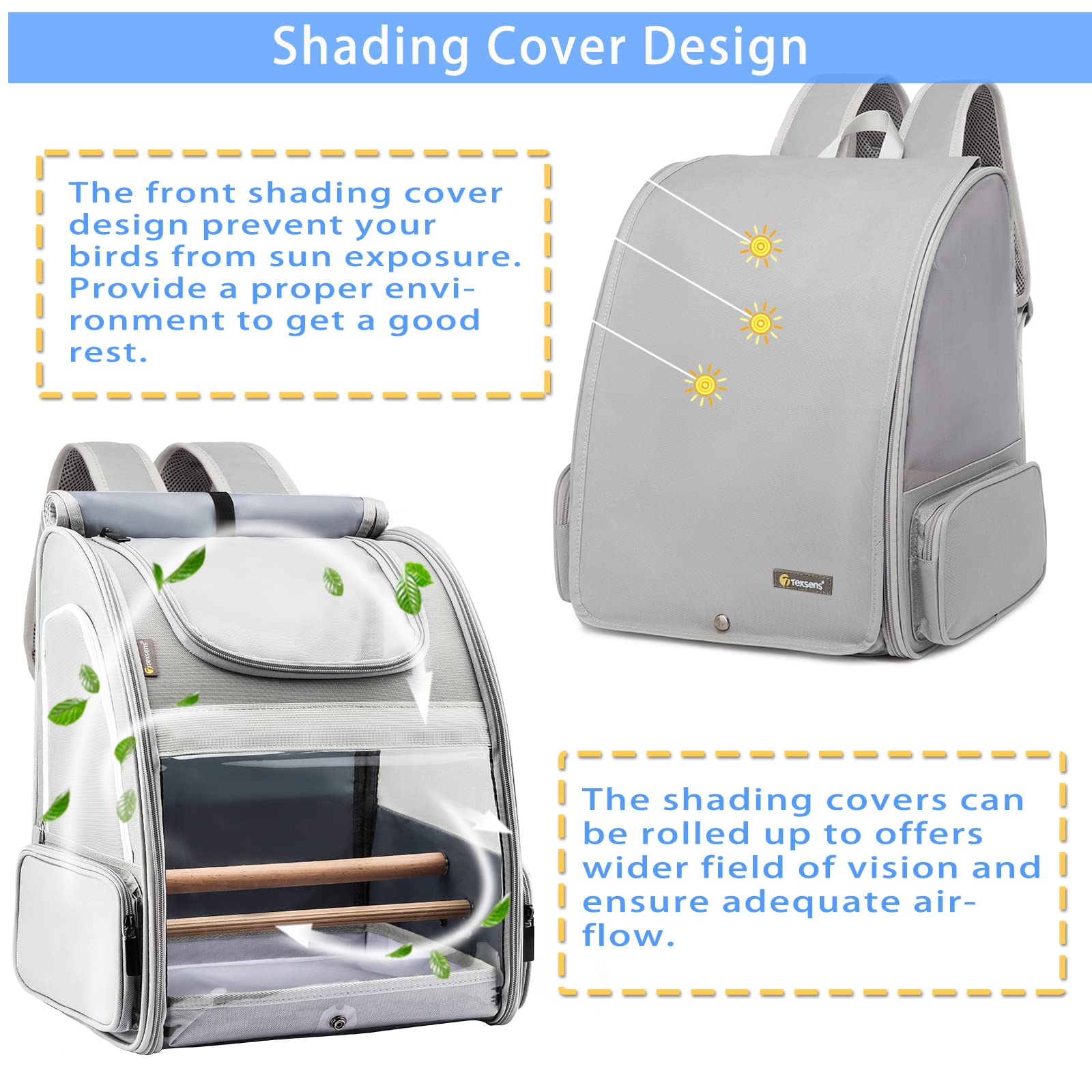 Texsens Bird Carrier Backpack side entrance enables easy pet access.