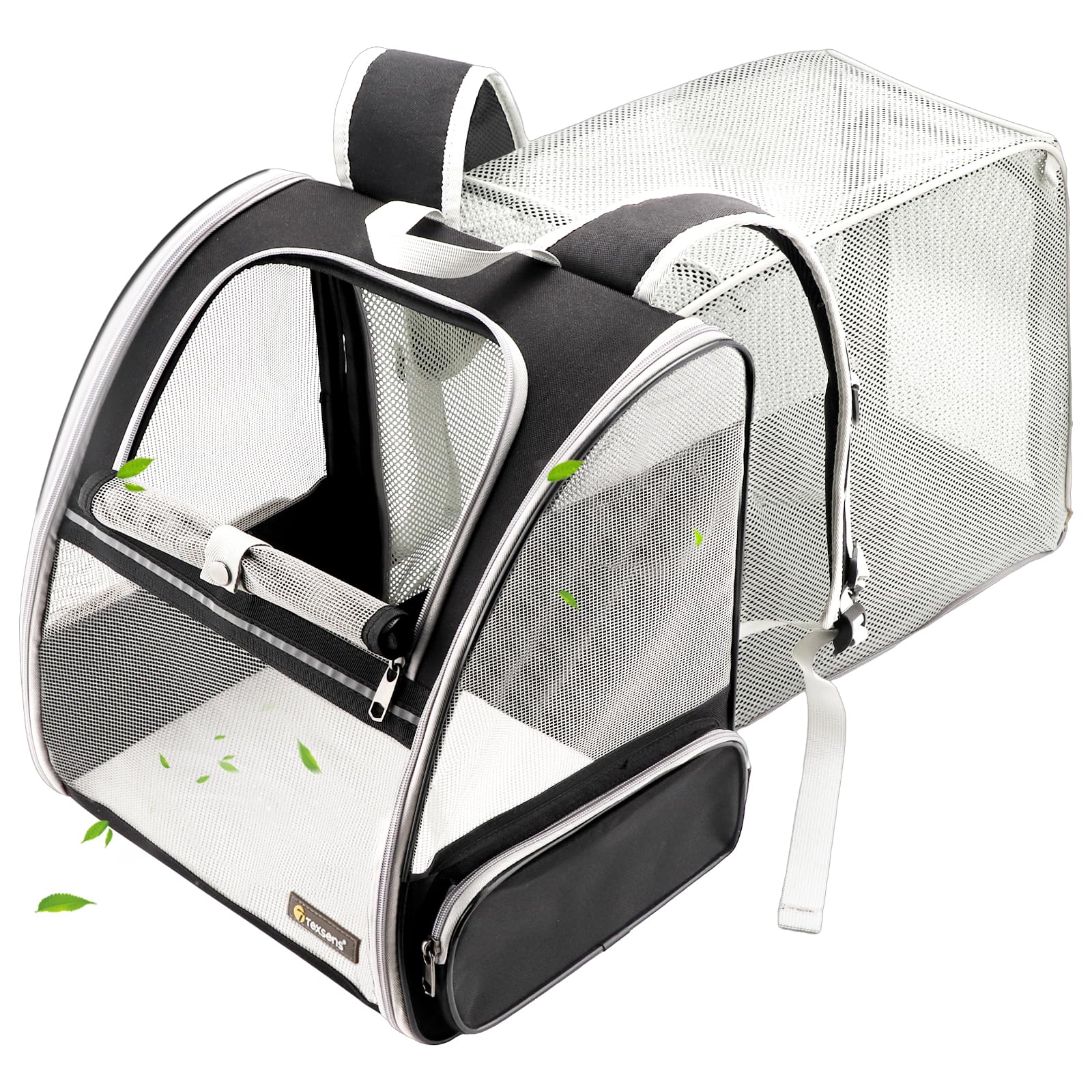 Texsens Cat Backpack expandable side view provides extra space for comfortable outdoor trips.