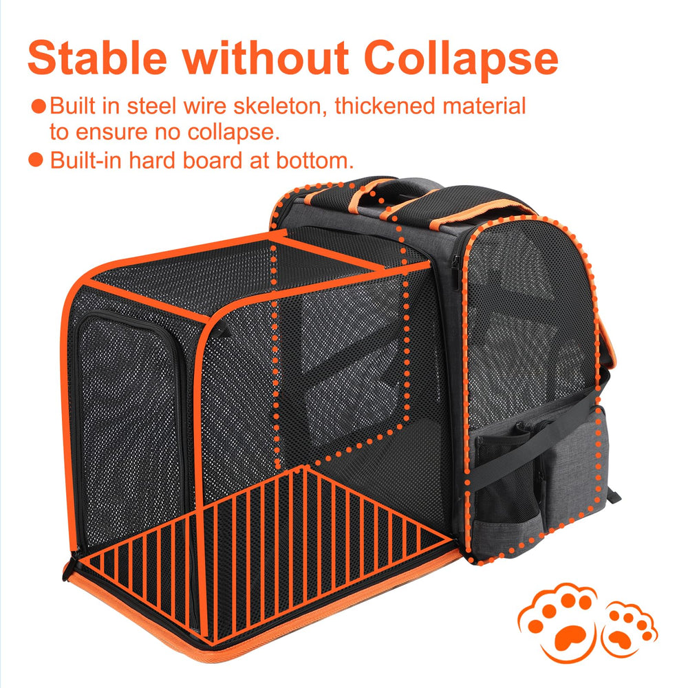 Texsens cat backpack extended tunnel shows expanded space for stress-free pets during hikes.