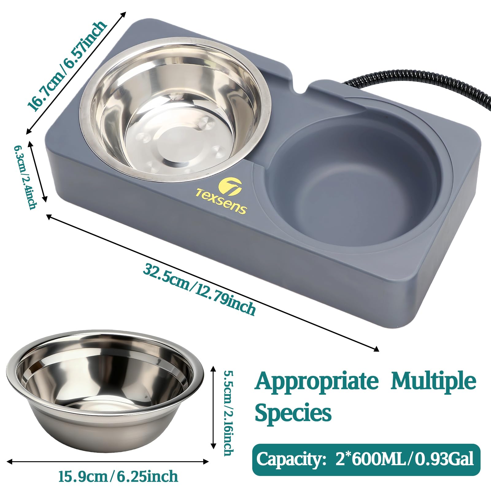 Texsens heated bowl shows two separate bowls for water and food in outdoor use.