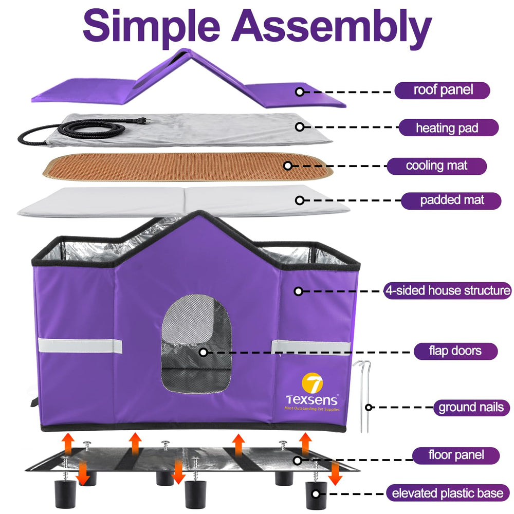 Texsens heated cat house weatherproof shell includes reflective strip for nighttime visibility.