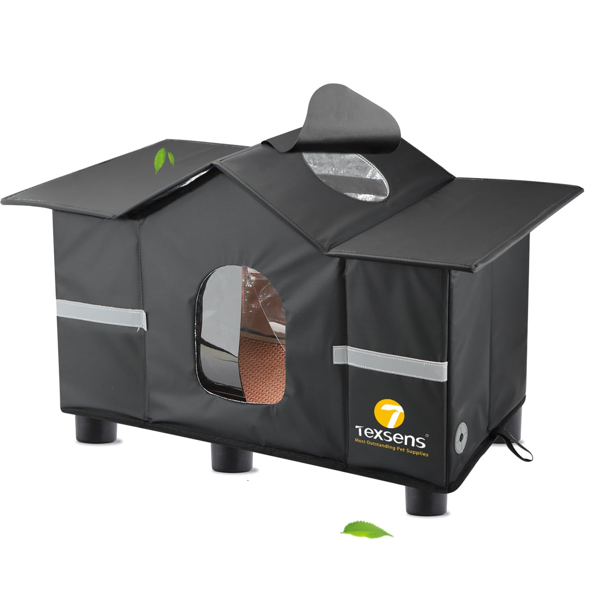 Texsens Outdoor Cat House front view weatherproof shelter protecting cats from rain.