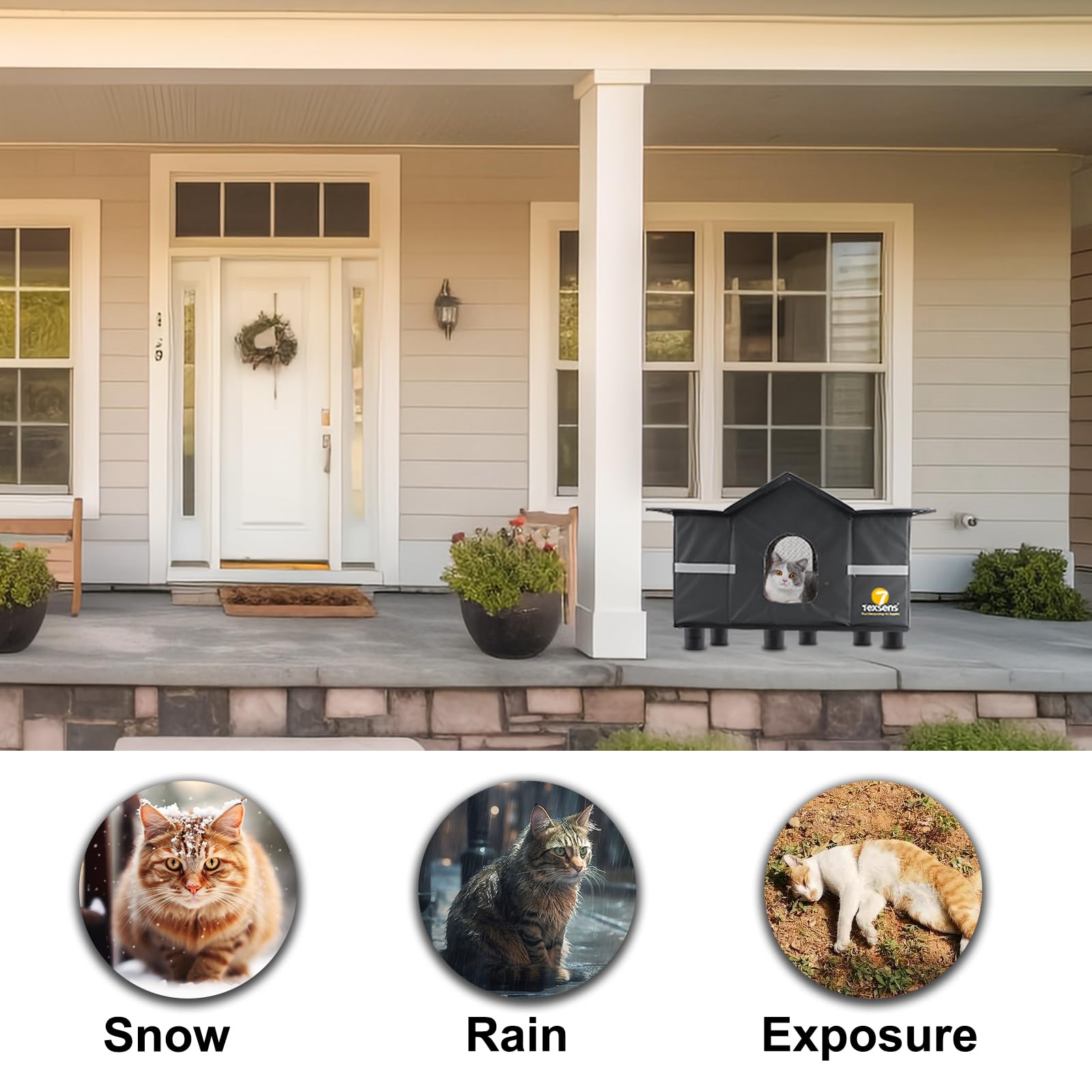 Texsens Outdoor Cat House weatherproof shelter with reflective strip boosts safety.