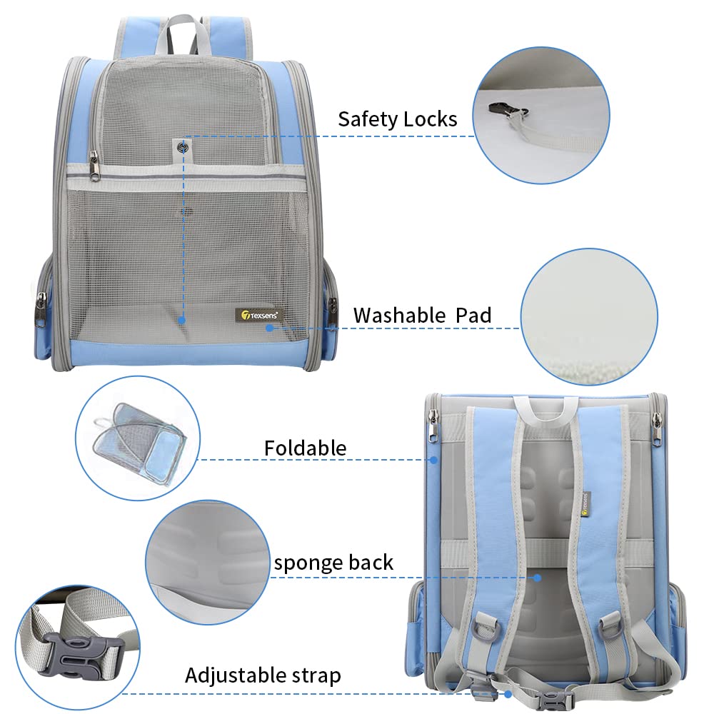 Texsens Pet Backpack Blue removable mat adds cozy comfort for pets