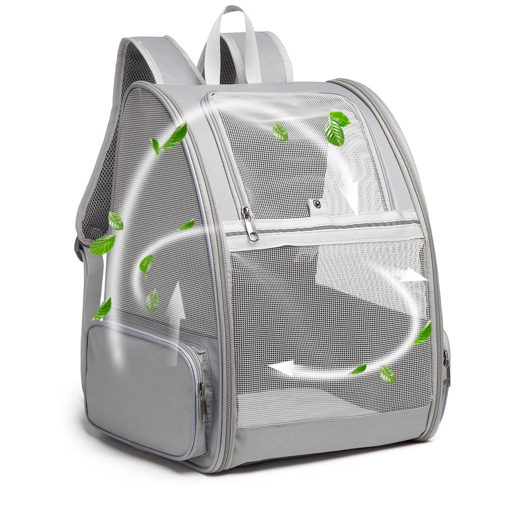Texsens pet backpack carrier front view with breathable panels for comfortable travel.