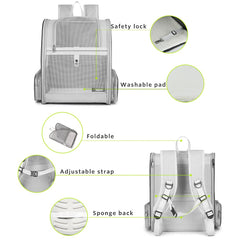 Texsens pet backpack chest buckles illustrate reduced shoulder strain during movement.