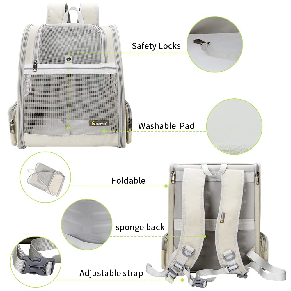 Texsens Pet Backpack removable cozy mat simplifies cleaning and enhances pet comfort.