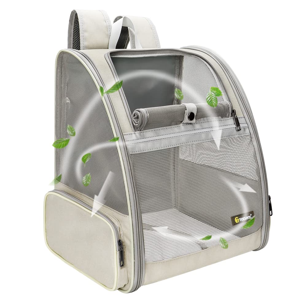 Texsens Pet Backpack ventilated front view shows breathable mesh for a comfy ride during travel.
