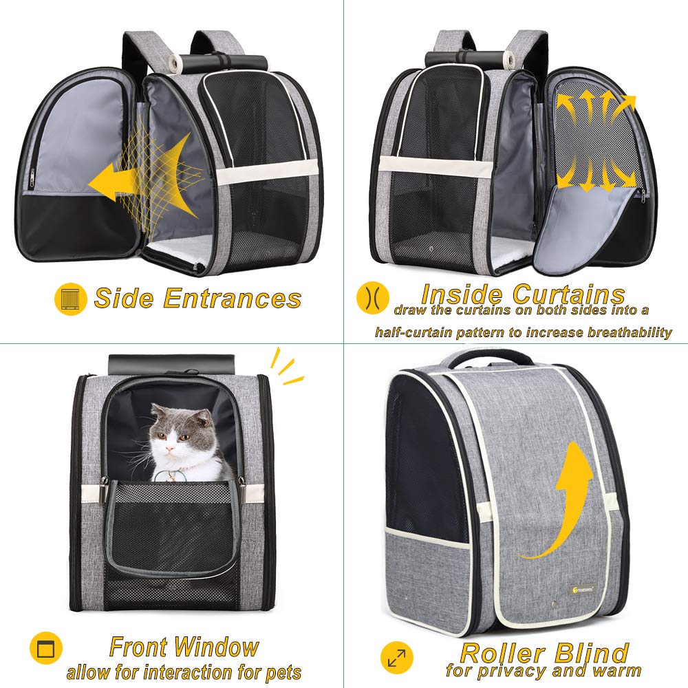 Texsens Pet Carrier Backpack window blind highlights ventilation and comfort on walks.