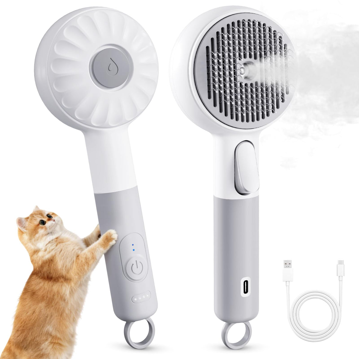 TEZKOLES pet-steam-brush front view highlights a compact 3-in-1 grooming tool for easy sessions.
