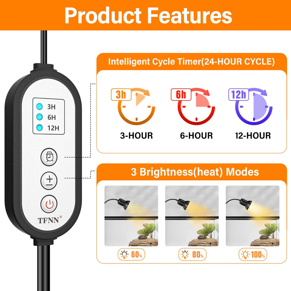 TFNN Reptile Heat Lamp upgraded timer provides automated day-night cycles