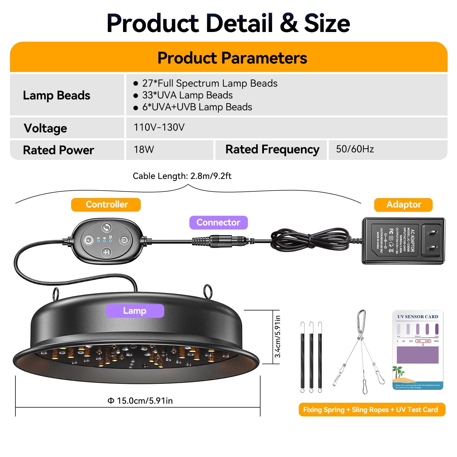 TFNN uvb light with 2.8m cable allows easy installation