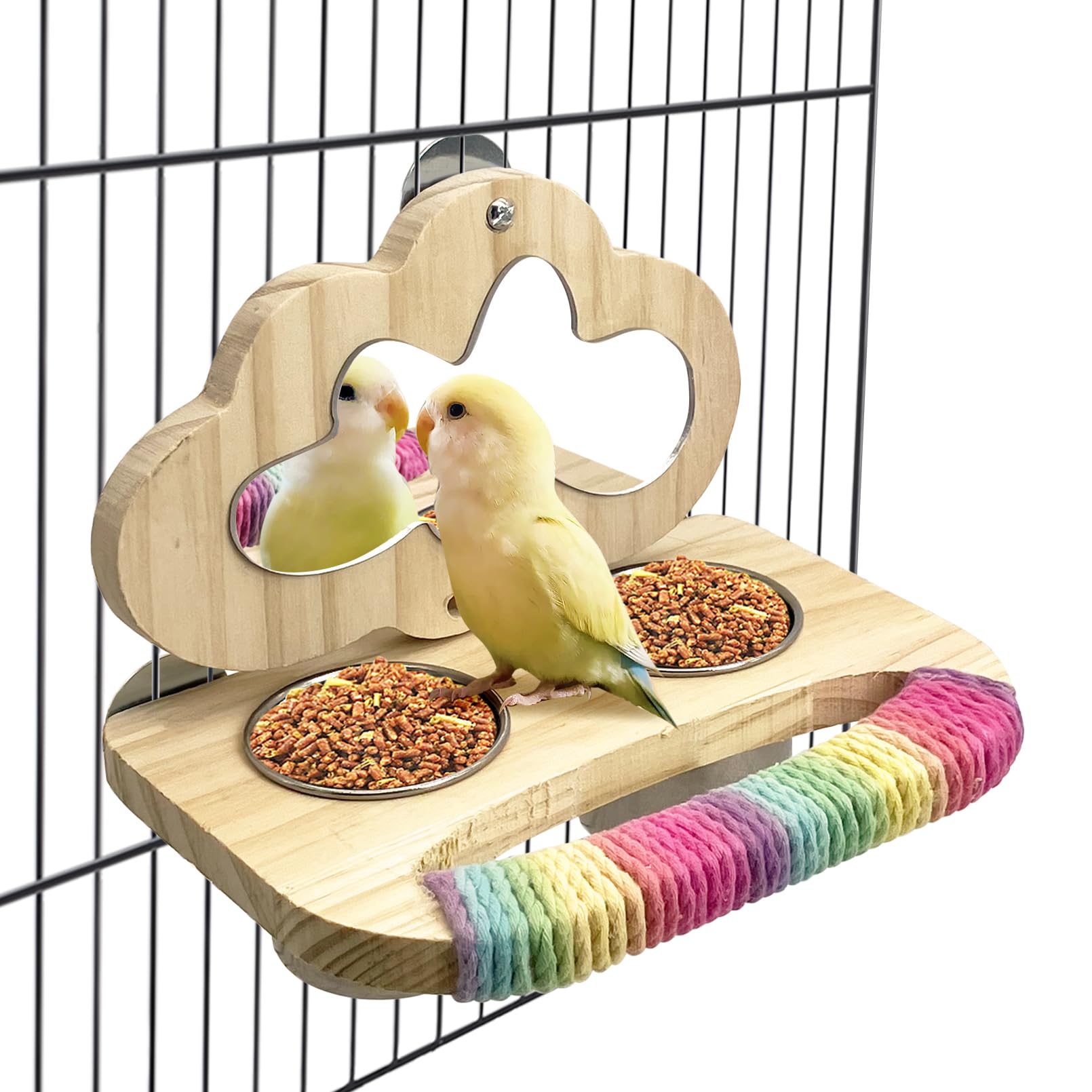 Tfwadmx bird parrot wooden feeding cups platform provides sturdy perching and easy feeding for small birds.