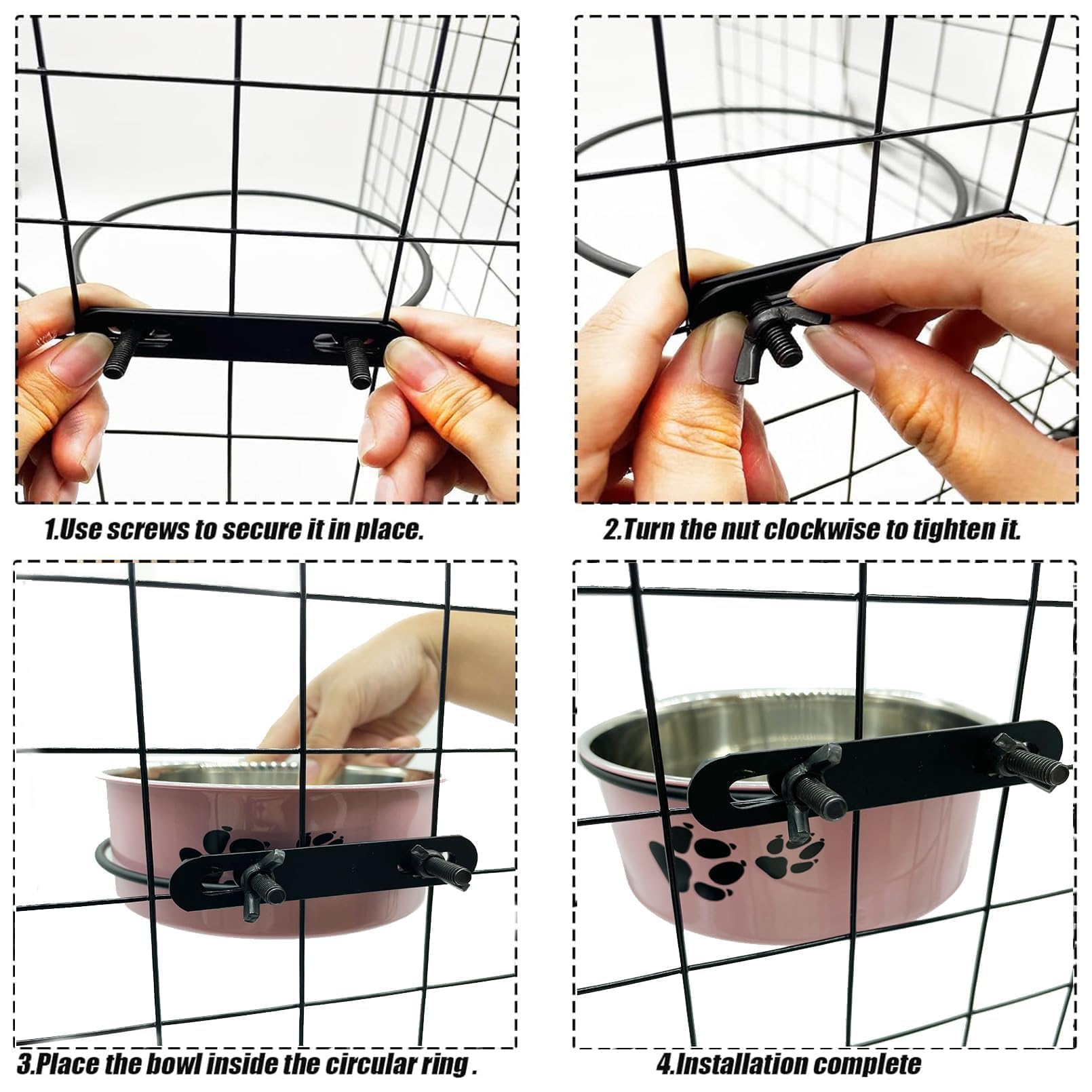 Tfwadmx dog crate bowl pink packaging includes two feeding sizes for water and food.