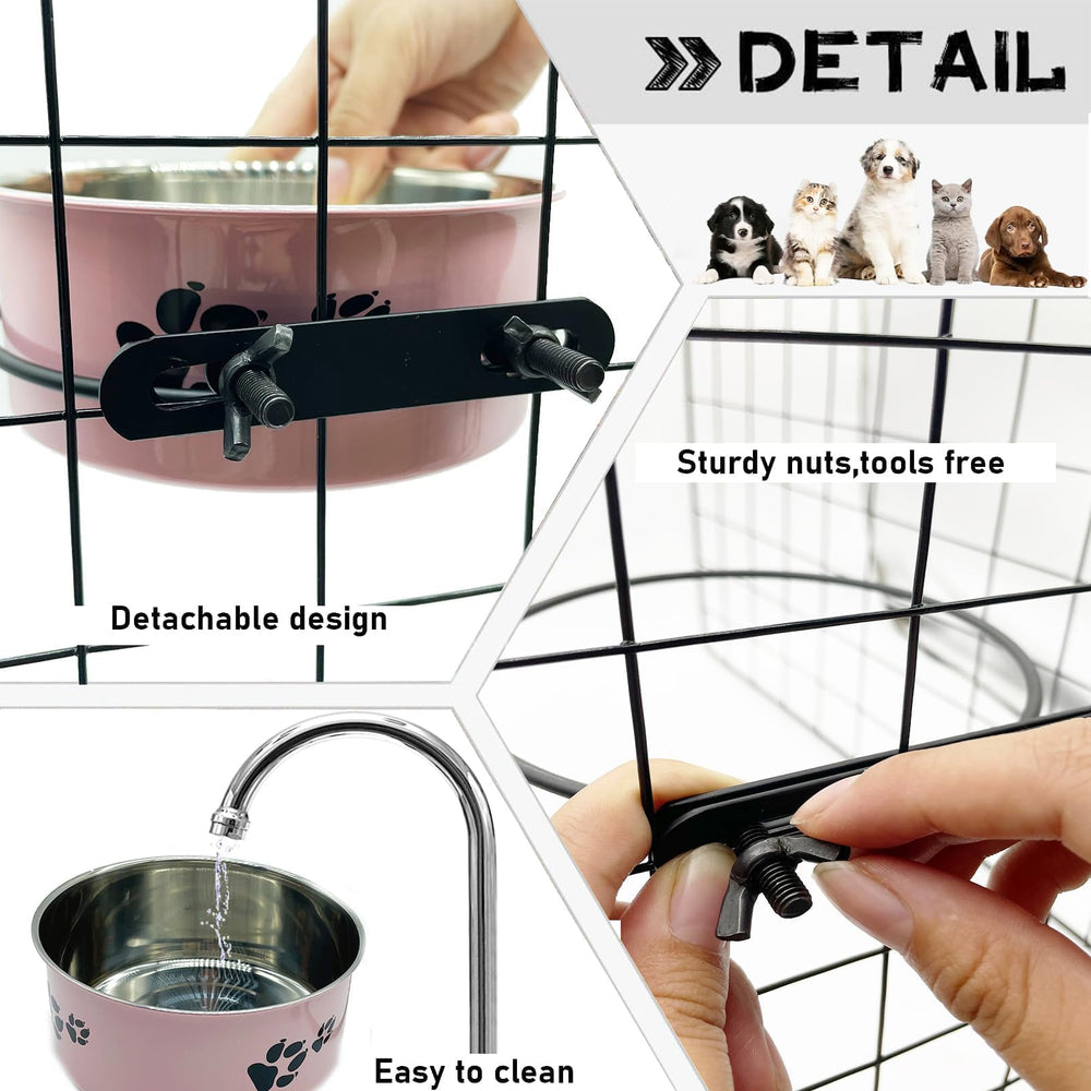 Tfwadmx dog crate bowl pink side view demonstrates secure clip-on design for mess-free feeding.