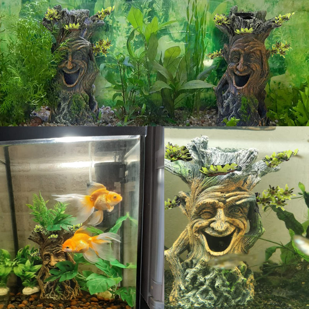 Tfwadmx fish tank tree stump hideout entry invites playful swimming through openings.