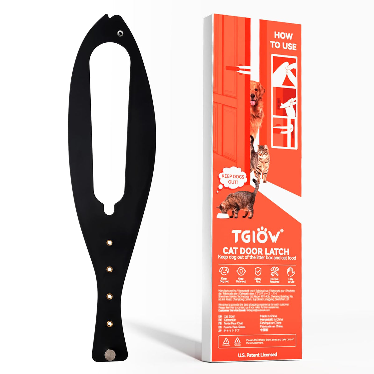 TGIOW cat door latch shows adjustable strap in action, helping cats enter while slowing dogs.