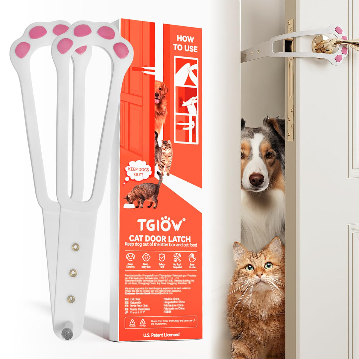 TGIOW cat door latch close-up shows adjustable strap for a snug cat fit