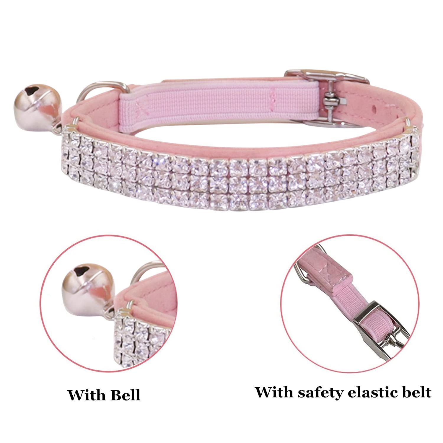 THAIN pink rhinestone collar with bell and D-ring for easy on/off