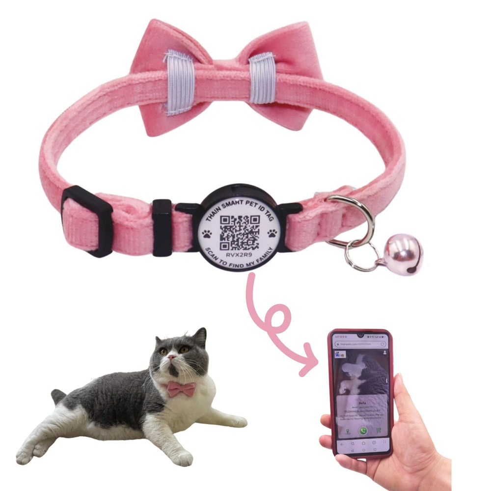THAIN personalized cat collar pink with bell and bowtie for stylish safety and easy ID