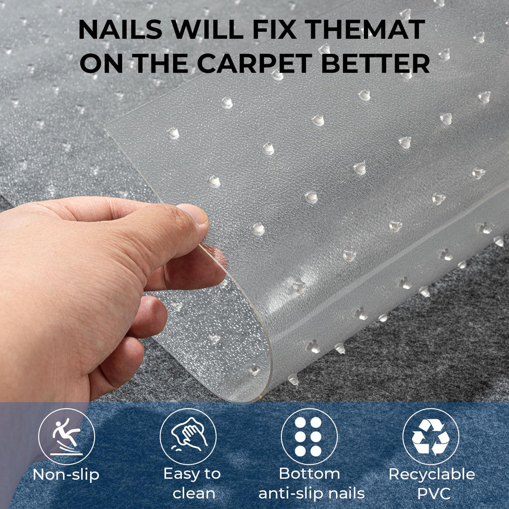 THAMIAO clear glossy plastic mat blends with decor while protecting carpet.