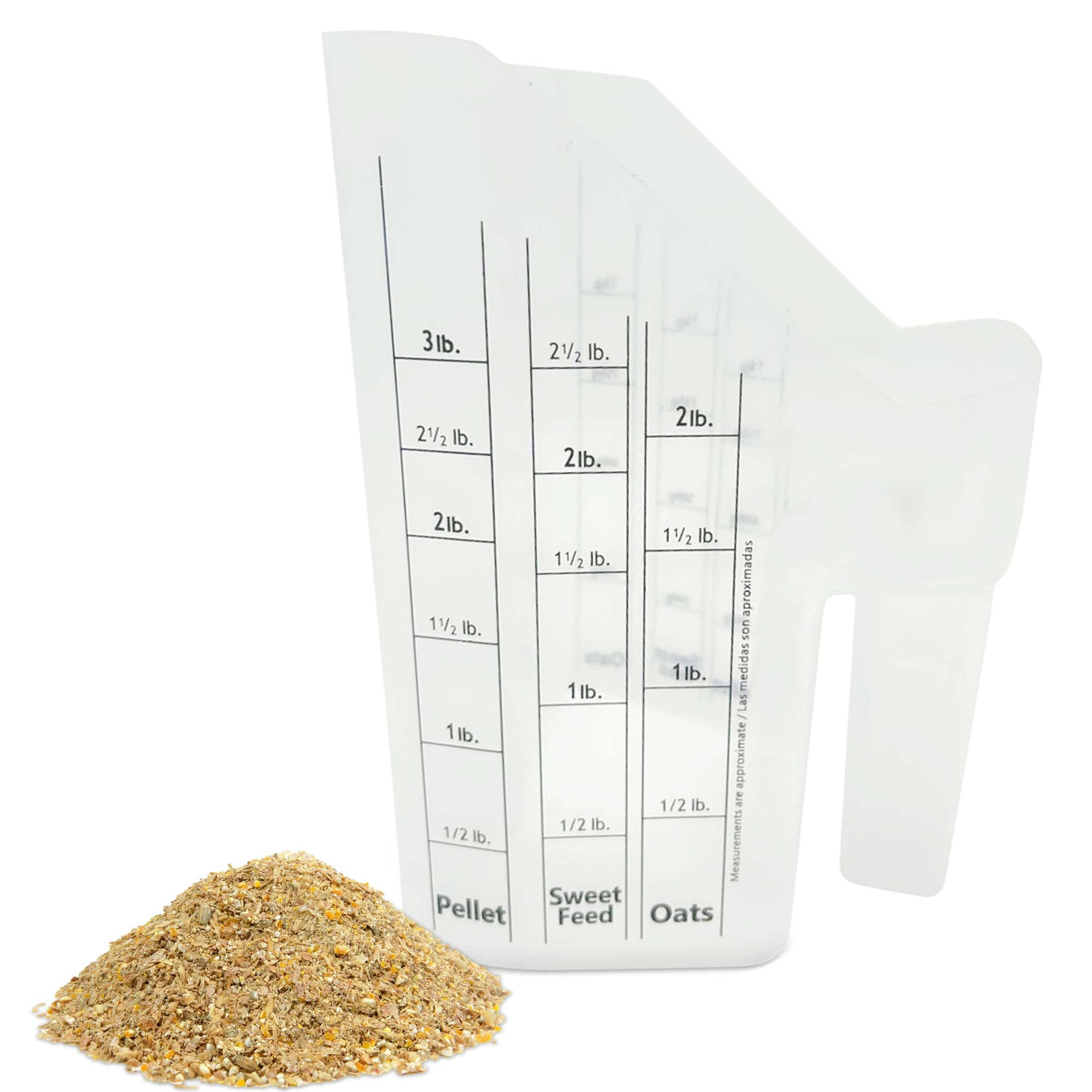 Tharos Distribution clear plastic feed scoop with visible measurements for precise portions.