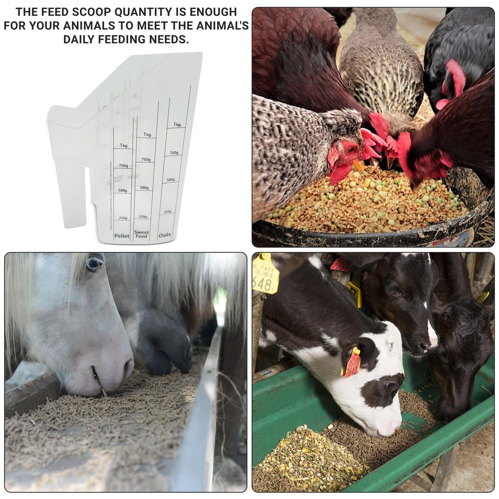 Tharos scoop shows measurement markings in cups and ounces for exact feed amounts.