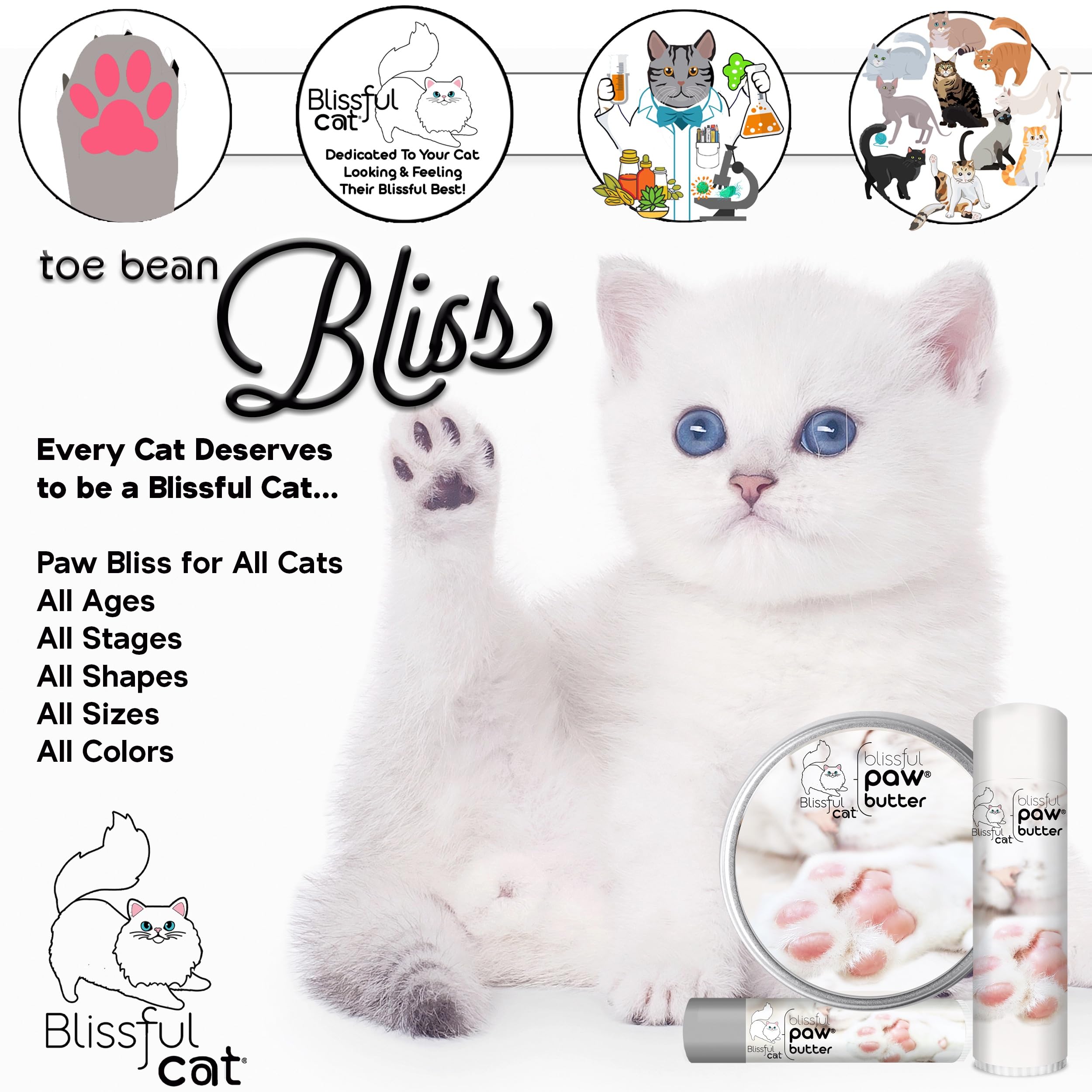 The Blissful Cat Paw Butter ingredients blend displayed in bottle suggests natural nourishment.