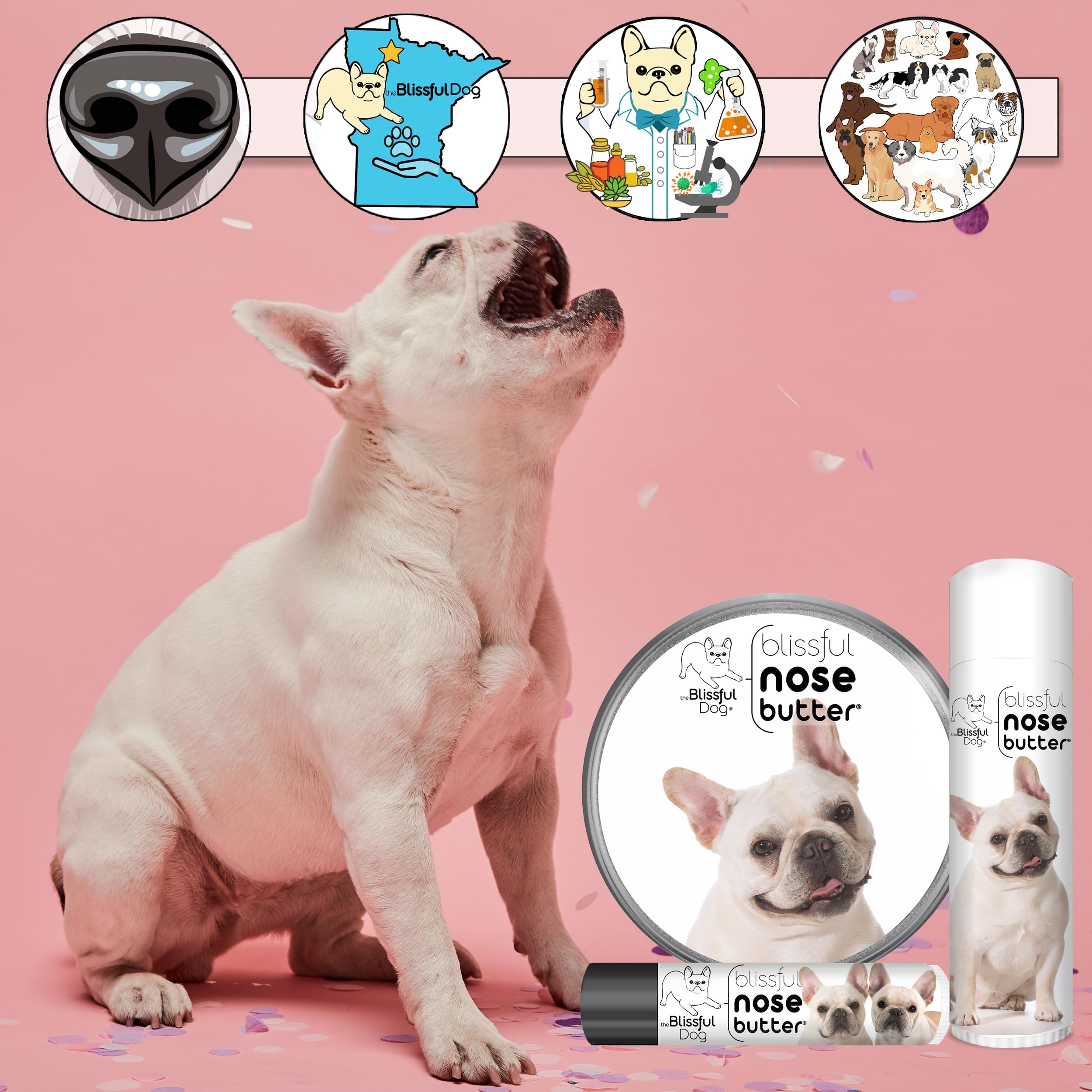 The Blissful Dog Nose Butter ingredients blend highlights plant oils for nourishment.